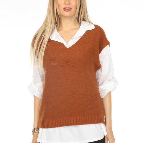 Camel & White Scholar Sweater Top Vest - Picture 3 of 5